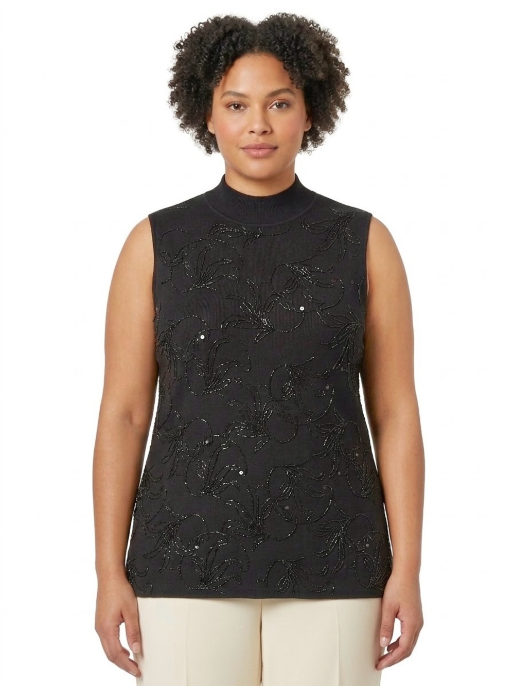Whimsigoth Beaded Sleeveless Mock Neck Stretchy Top Quiet Luxury Feminine Witchy